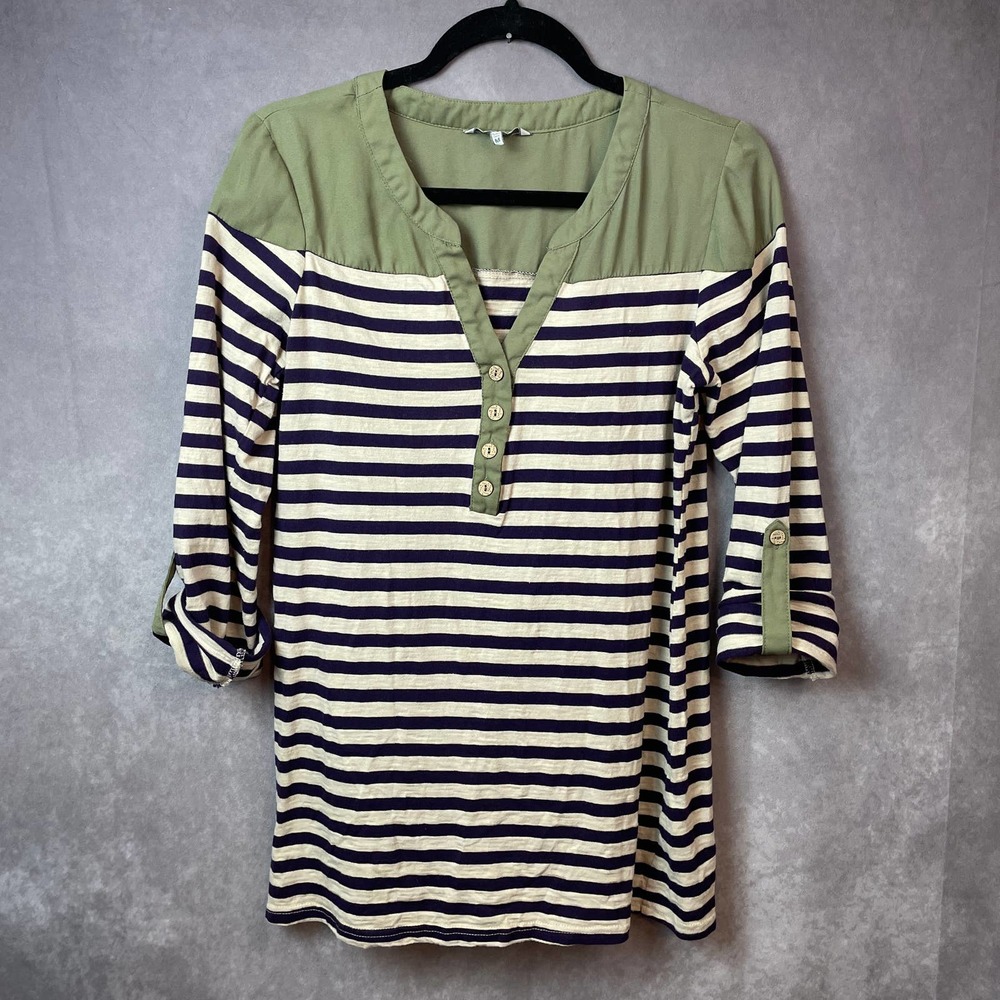 BKE Shirt Womens Medium Top Striped Roll Tab Sleeve Purple Cream‎ Green Casual